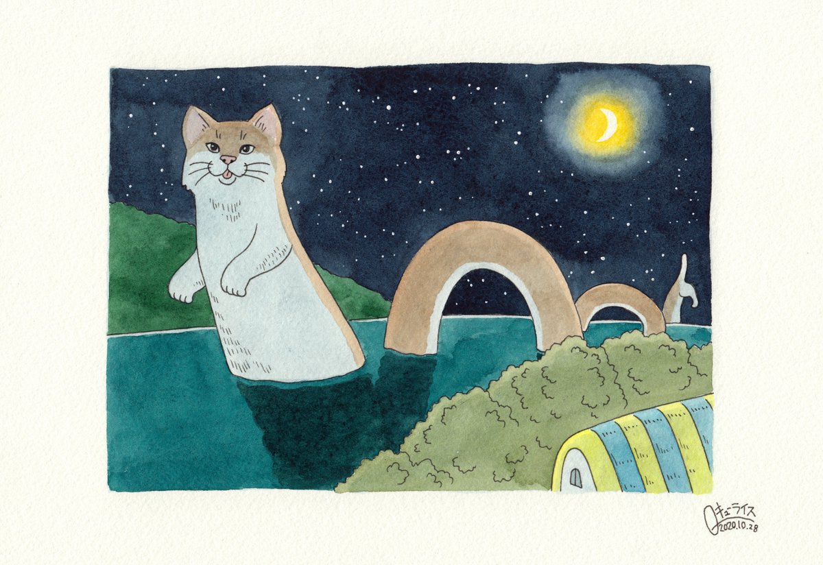 「ながくてでかいねこがうみからきた」。
『あたらしい3さつのえほん展』開催中!こちらの原画やポストカード、絵本のサイン本もあります!

期間:2020年11月2日(月)〜12月27日(日)
場所:ボリス雑貨店

https://t.co/OCAFEw2vln 