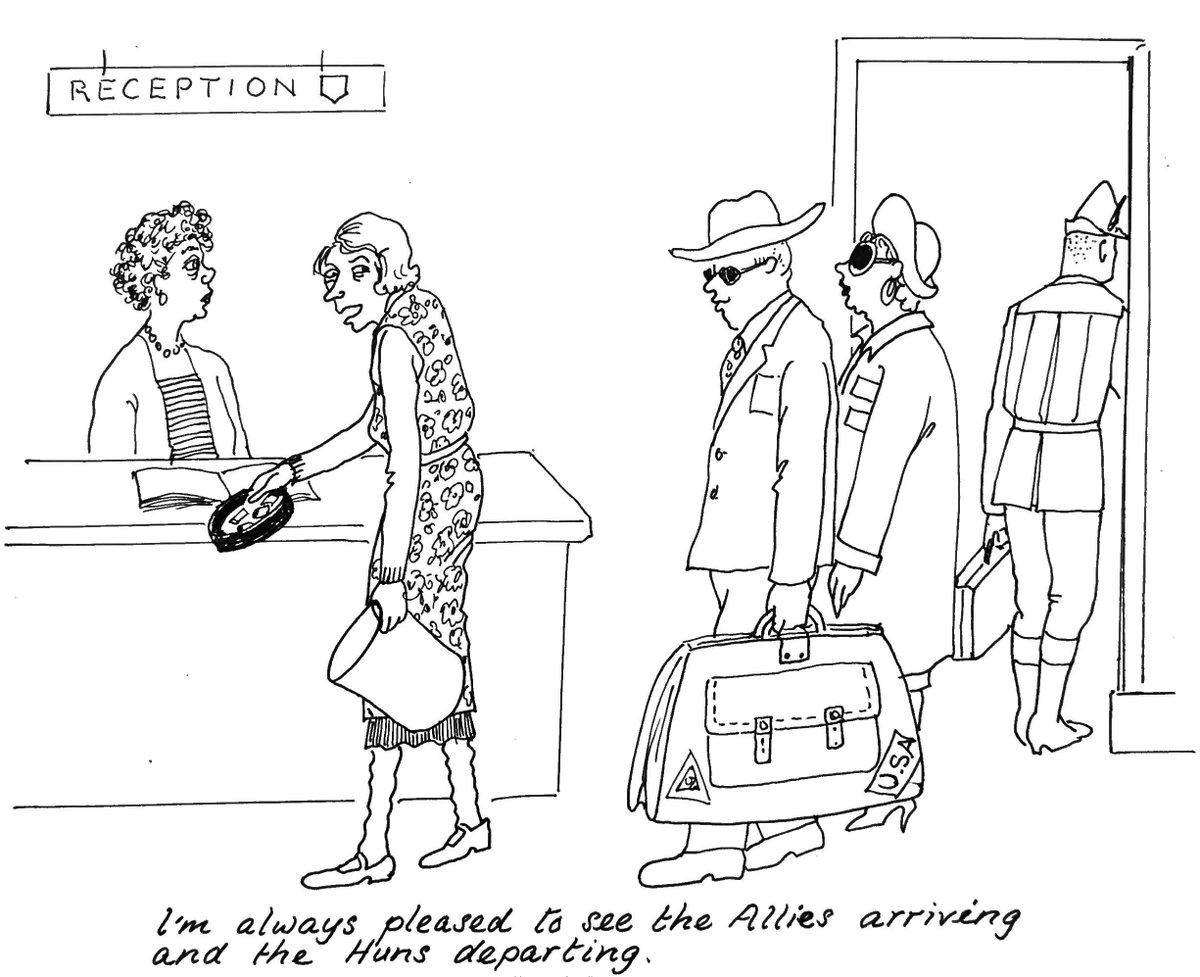 "Fawlty Towers" hadn't long aired when my Mum did these cartoons and I think it may have had some subconscious influence on the content...