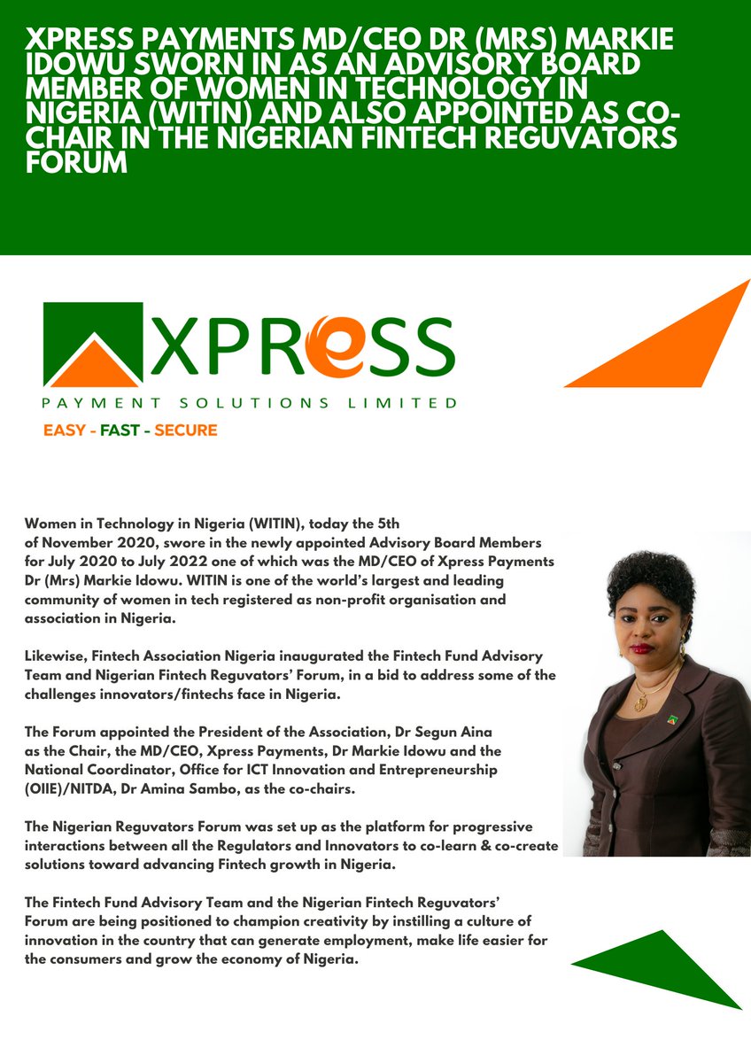Xpresspayments's tweet image. Women in Technology in Nigeria (WITIN), today the 5th of November 2020, swore in the newly appointed Advisory Board Members for July 2020 to July 2022 one of which was the MD/CEO of Xpress Payments Dr (Mrs) Markie Idowu.