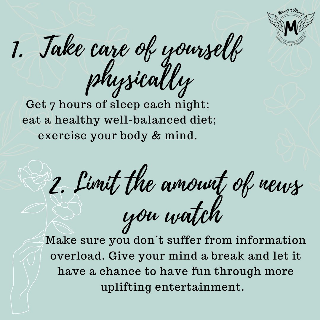 wingsofmercyuoc's tweet photo. Tomorrow is Saturday. Unburden yourself and relax. Why not plan a self-care weekend?
Looking after our mental health is important as it will affect our mind and emotions throughout the day. Here are some tips that might help you. 🧚🏻♀️
#uniofcyberjaya #wingsofmercy #selfcare https://t.co/QH4thy0otn