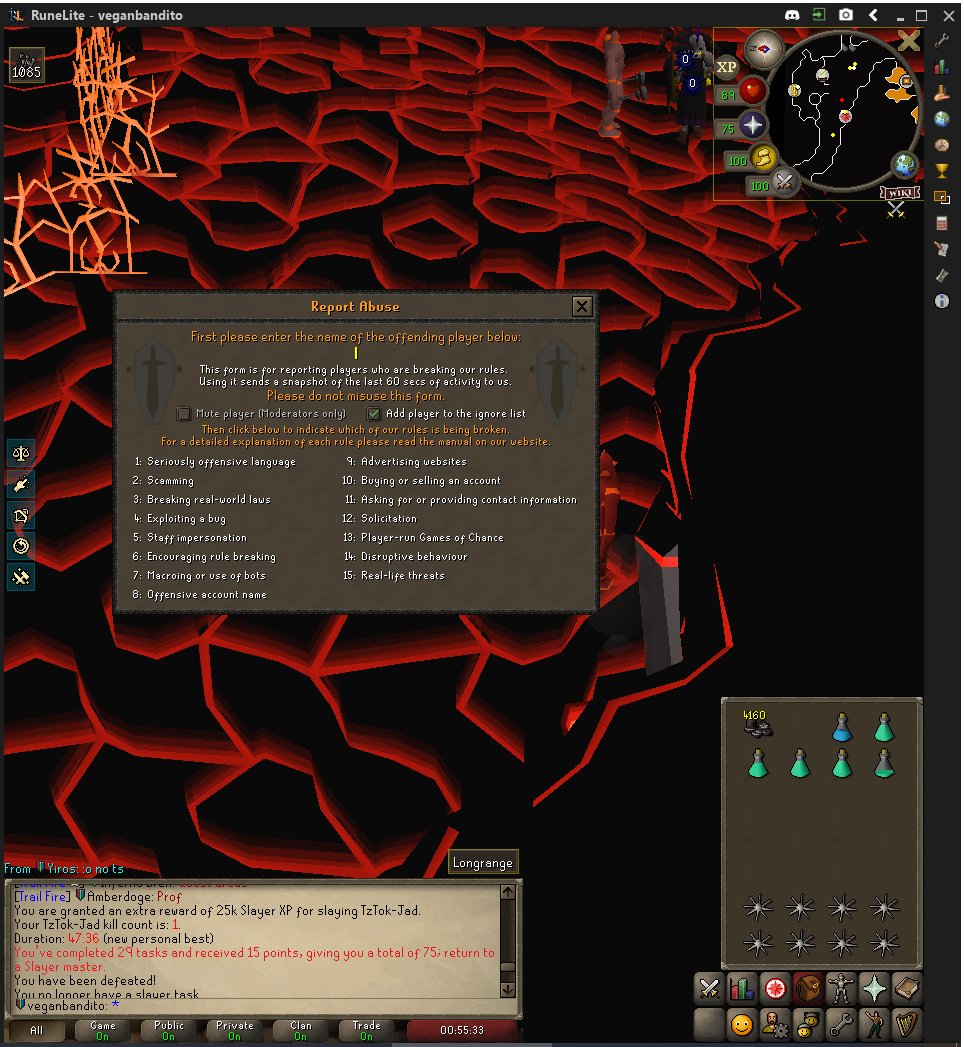 VegBandit's tweet photo. @JagexAsh @JagexHusky Hey folks, I killed Jad and got the KC and slayer task completion but apparently died and didn't get my cape (on Leagues). I'm aware you can kill him and die at the same time, but I'm confident I didn't take damage between killing him and appearing outside. https://t.co/mrkCYtslAI