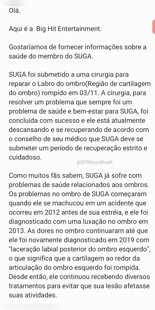 BTSNewsBrasil's tweet photo. ⚠️  Aviso sobre a saúde do membro SUGA (Min Yoongi)

 Yoongi disse:
"Por favor, entenda que este momento é minha chance de me preparar para encontrá-lo novamente forte e saudável, e mesmo se eu precisar ficar fora por um curto período, por favor, espere que eu volte para você." https://t.co/sMxlLxVz4y