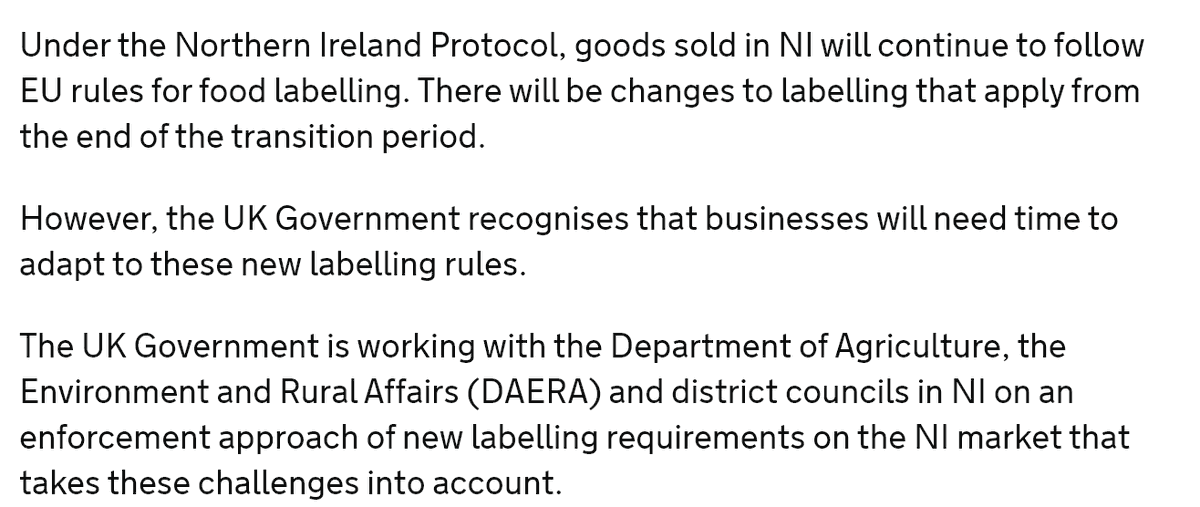 Food & drink labelling post-1 Jan 2021UK Govt Guidance inc. info on origin, GI, labelling, organic goods  https://tinyurl.com/yyvxnqsb TL;DR* Longish run-in times for GB market * EU rules apply in NI from 1 Jan* But much to work out re: how this happens in practice...