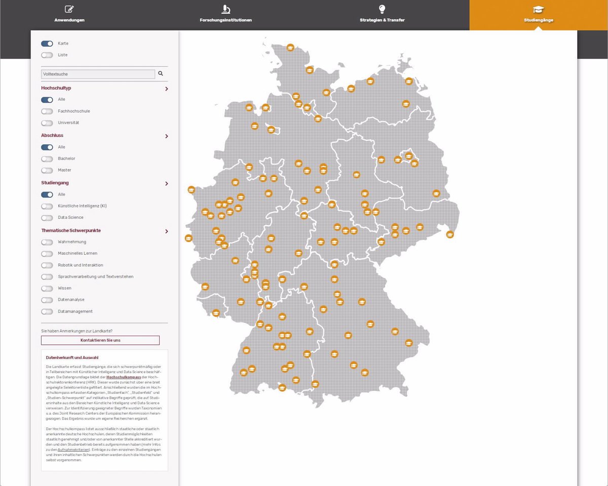 LernendeSysteme's tweet photo. Irgendwas mit #KI und #Daten studieren? Die erweiterte KI-Landkarte der Plattform Lernende Systeme gibt einen Überblick, welche Studiengänge schwerpunktmäßig oder in Teilbereichen KI und #DataScience fokussieren: https://t.co/XVUzMY8bR5 @FAZ_BerufChance @SZ_Karriere @duzRedaktion https://t.co/srl4QXNnjO