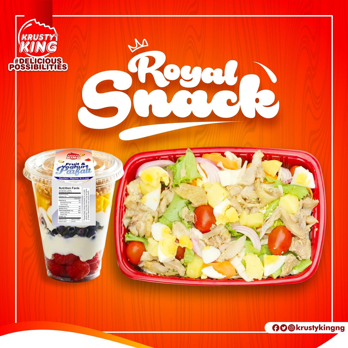 KrustyKingNg's tweet photo. Snack like royalties do.
Why not try a different kind of snack today. Try our Royal Snack Iⅈ Chicken Salad or Sandwich made complete with the richness of our special recipe Parfait. #Chicken #Salad #Parfait #Sandwich #KrustyKing #Foodie #Food #Snack #RoyalSnack https://t.co/6AD0loI8kN