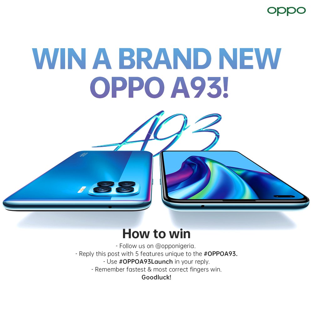 OPPONigeria's tweet photo. Who wants to win a brand new #OPPOA93 smartphone courtesy of #OPPOxLaycon? All you need to do is reply with all the correct specifications and be the lucky winner of a brand new #OPPOA93 smartphone. Fastest fingers first! https://t.co/UQh6SCzTfr