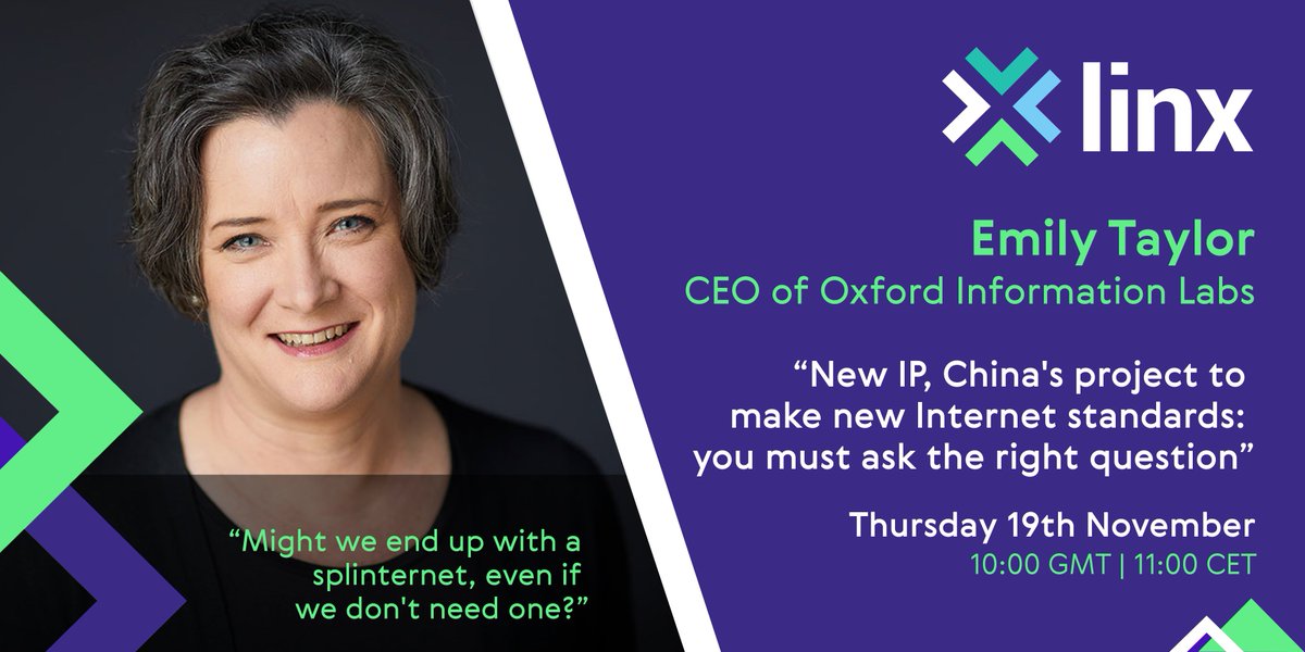LINX_Network's tweet photo. #LINXPresents... Emily Taylor, CEO of @OxfordInfoLabs as she presents 'New IP, China's Project to Make New Internet Standards: You Must Ask the Right Question.' Join us on 19th November at 10:00 GMT https://t.co/I9Q2etAzf5
#LINX #Internet #IP #China #Networks #Telecoms https://t.co/8tnoagHkmo