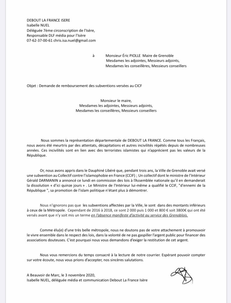 DLF_38's tweet photo. Ce matin, nous avons remis une lettre à @EricPiolle, maire de #Grenoble et @cferrari_38, président de la Métro pour demander le remboursement des subventions qu’ils ont versé à l’antenne grenobloise du #CCIF ⬇️ https://t.co/i44jCm1ZVs