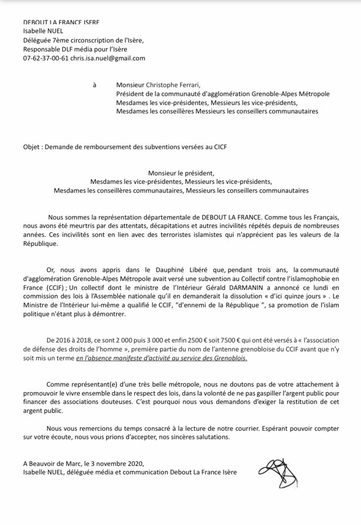 DLF_38's tweet photo. Ce matin, nous avons remis une lettre à @EricPiolle, maire de #Grenoble et @cferrari_38, président de la Métro pour demander le remboursement des subventions qu’ils ont versé à l’antenne grenobloise du #CCIF ⬇️ https://t.co/i44jCm1ZVs