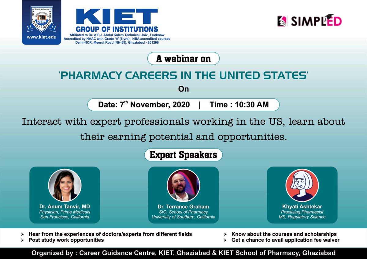 Kiet_edu's tweet photo. Take the first step towards your Pharmacy Career in the United States.
A webinar on "Pharmacy Careers in the United States" is being organized on 7th November 2020 at 10:30 am.
Register yourself through the link:
https://t.co/kvWZocUEev
#kiet #kiet_group_of_institutions #simpled https://t.co/QYcC3P3cVv