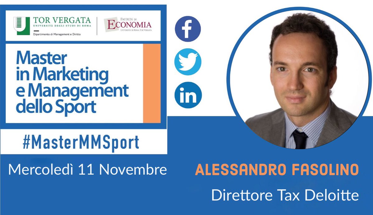 MasterMMSport's tweet photo. 📅 Mercoledì 11 Novembre
🔎 Alessandro Fasolino, Direttore Tax @Deloitte, terrà con gli studenti una lezione sui #lineamenti di #fiscalità nel #settore #sportivo.
@SPattuglia @DeloitteItalia https://t.co/HtQkXdWxKh