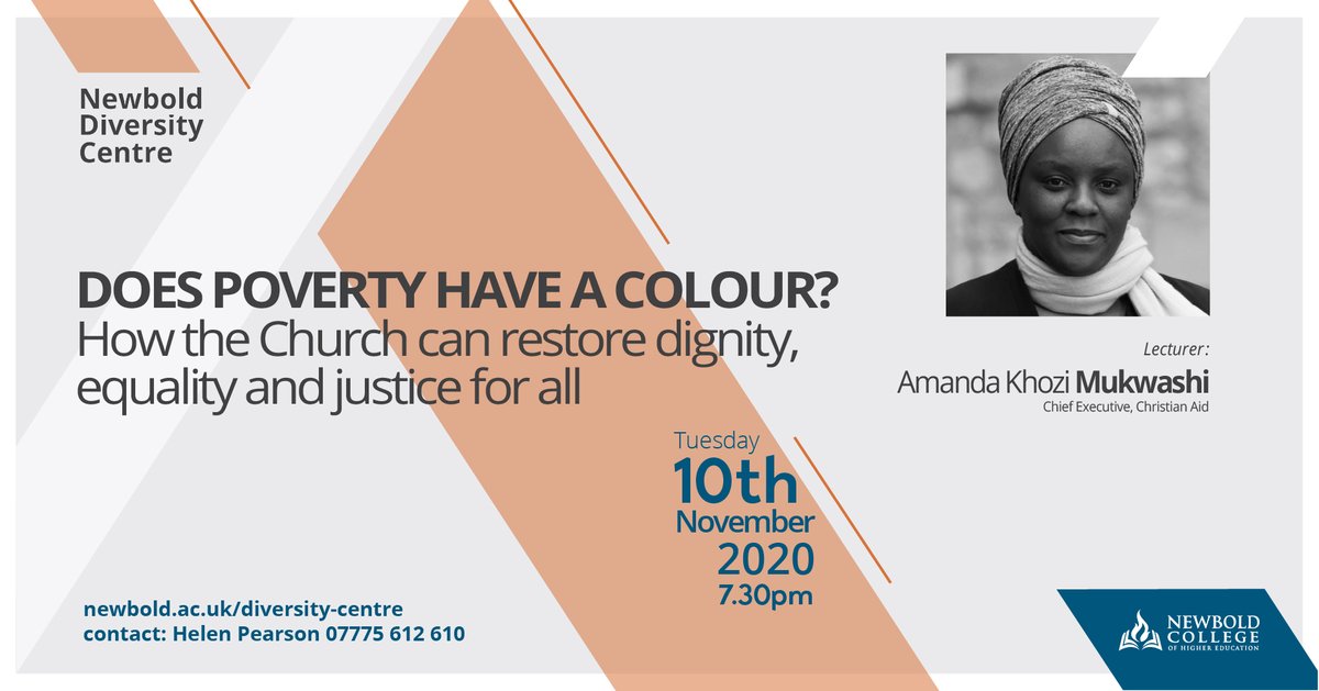 NewboldCollege's tweet photo. We are so looking forward to @christian_aid's Chief Executive, @AMukwashi sharing a hugely important topic with us for our Diversity Lecture, live next Tuesday from 19:30 (GMT). 

Register now to secure your virtual seat:  https://t.co/ruvdeLgTVb  #poverty #church #equality https://t.co/K6tjLSshCy