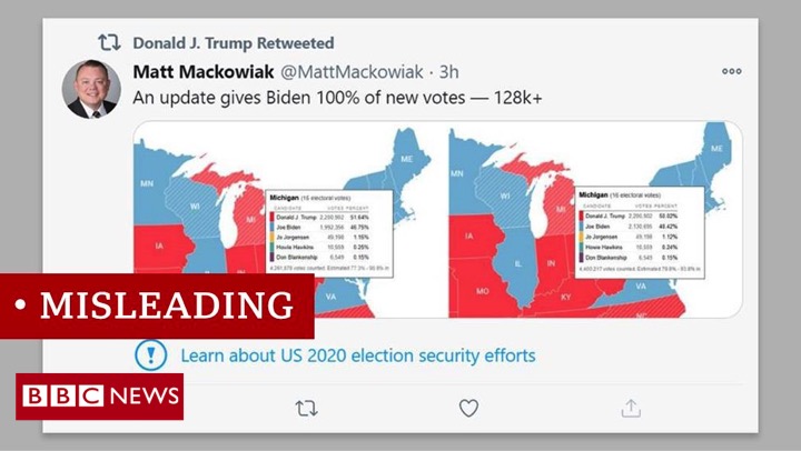 Misleading Claim: A voting map in Michigan showing a sudden increase of around 130,000 votes for Biden, but none for Trump has gone viral on social mediaPresident Trump has tweeted the image, which is raising speculation about voter fraud http://bbc.in/US2020FalseClaims