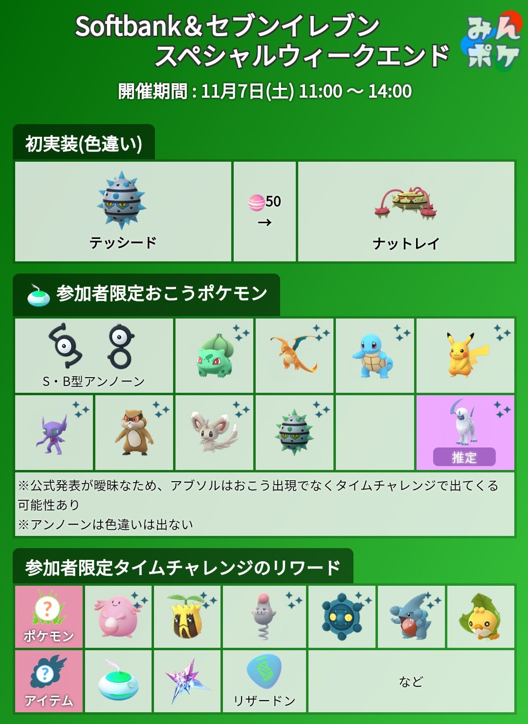 ポケモンgo攻略 みんポケ 今週末の土日はスペシャルウィークエンドが開催 テッシードの色違いが初実装されます 土曜 Softbank セブンイレブン 日曜 マツモトキヨシ T Co Ltbhilck2d T Co Ochly6zlah Twitter