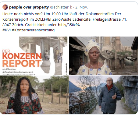 Werbung auf Twitter:
Heute noch nichts vor? Um 19.00 Uhr läuft der Dokumentarfilm Der Konzernreport im ZOLLFREI ZeroWaste Ladencafé, Freilagerstrasse 71, 8047 Zürich. Gratistickets unter https://bit.ly/35iixPA 