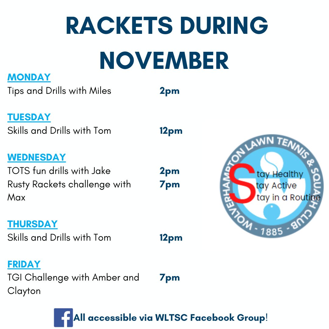 WLTSC's tweet photo. The WLTSC timetables.

Rackets starting Monday 9th November. They will be 5 minute videos on squash + tennis specific movements, drills and challenges to reduce reversibility and keep some muscle memory and stay active for when we get back on court. 

#stayinaroutine #wltsc https://t.co/zbevNbH1eL