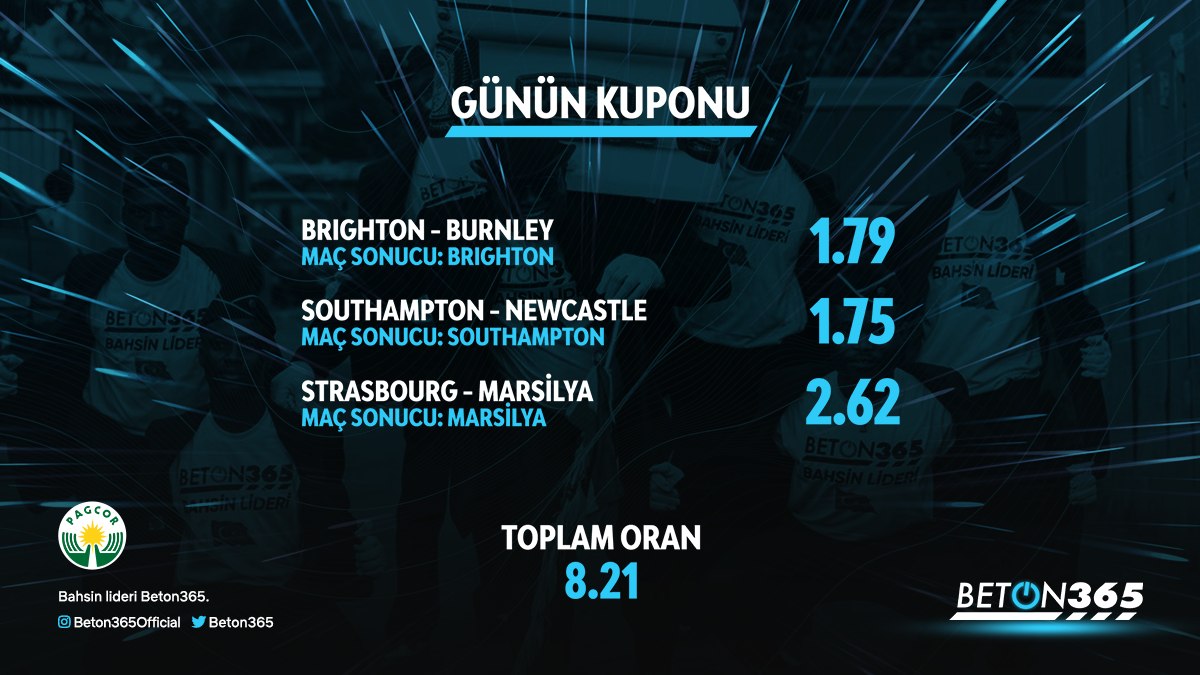 Tam  8.21 oran ile    günün ideal #kupon u ; analiz ekibinden . Sen de analiz ekibine katılmak istiyorsan banko kuponlarını DM’den gönder.

#beton365 #kupon #bahis #spor #karantina #cuma