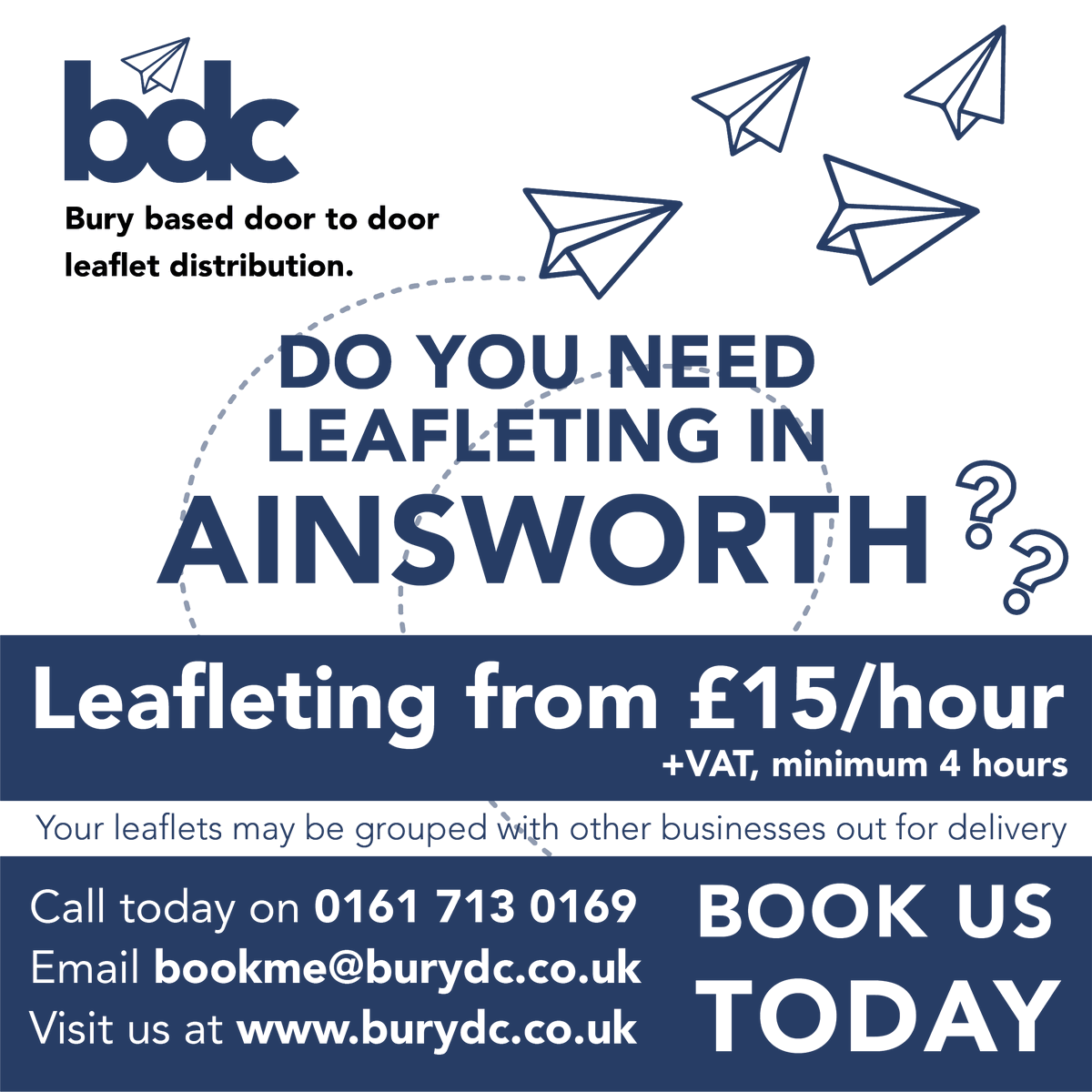 📮 Leafleting from £15/hour +vat (minimum 4 hours)
Do you need #leafleting in #Ainsworth ?
☎️ Call today on 0161 713 0169
📥 Email bookme@burydc.co.uk
🖥️ Or visit burydc.co.uk