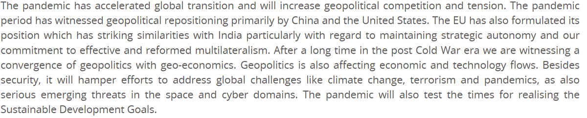 1. A shift in India's assessment of Europe: we've noticed this for a while but with the pandemic + US-China competition, New Delhi now views BOTH European countries & the EU are important partners. See excerpts from FS' speech in Paris