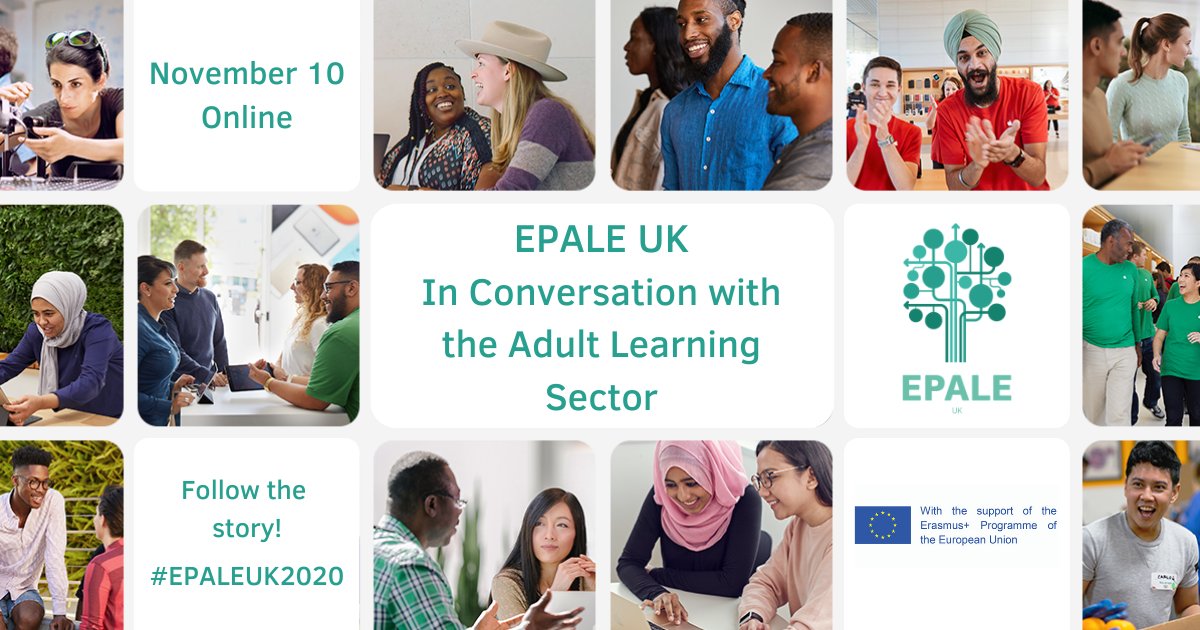 EPALE_UK's tweet photo. Join the free #EPALEUK2020 event on Tuesday 10 November 📅
'EPALE UK: In Conversation with the Adult Learning Sector' is an opportunity to explore the impact of #lifelonglearning in the UK 👍
Register ➡️ https://t.co/KdBNG2UFGY https://t.co/hES6mYWPQg