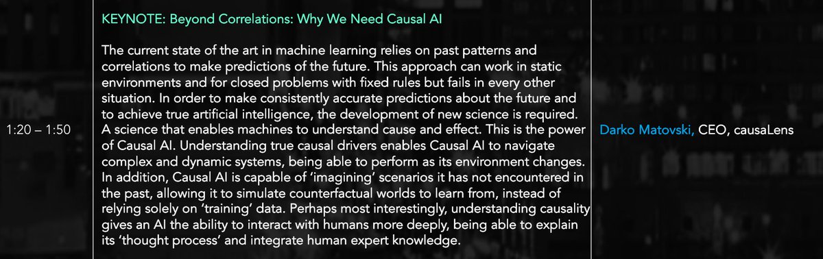 causaLens's tweet photo. "Beyond Correlations - Why we need #CausalAI"
Looking forward our CEO's presentation in front of top quants at @TheQuantConf!
https://t.co/9tR7TojOQF
#Causality #TimeSeries #DynamicSystems #AutonomousPredictions #AutomatedMachineLearning #AlphaTech #AI https://t.co/HlrxUGTasl