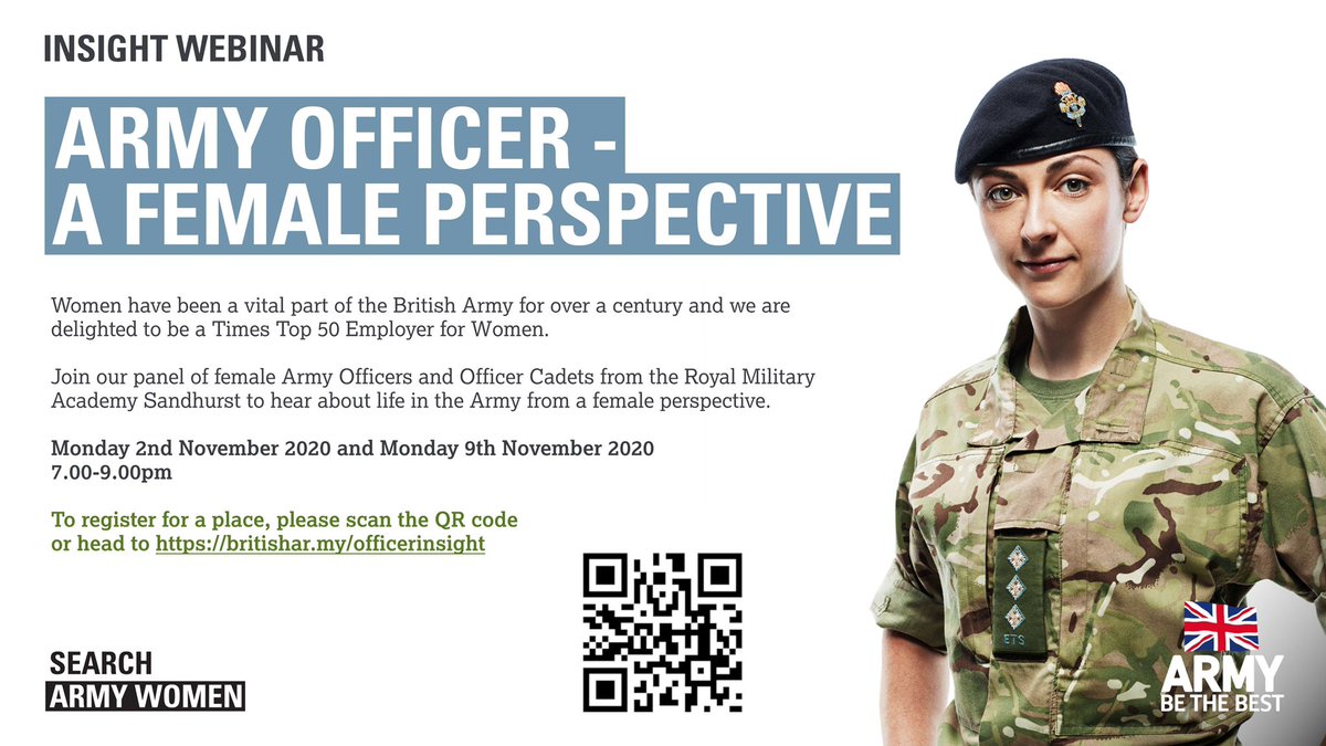 Following the success of Monday’s #ArmyOfficer Female Perspective webinar (with over 200 attendees), there’ll be another opportunity to hear from a panel of serving officers on Monday 9th November. 

Sign up details below 👇

#WomenInDefence
#ArmyConfidence