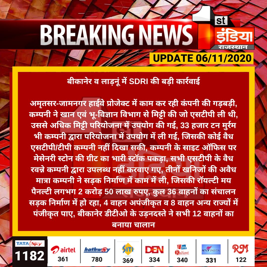 1stIndiaNews's tweet photo. #Jaipur: बीकानेर व लाड़नूं में SDRI की बड़ी कार्रवाई
अमृतसर-जामनगर हाईवे प्रोजेक्ट में काम कर रही कंपनी की गड़बड़ी, कम्पनी ने खान एवं भू-विज्ञान विभाग से मिट्टी की जो एसटीपी ली थी, उससे अधिक मिट्टी परियोजना में उपयोग की गई,...
#SDRI @kashiram_journo https://t.co/vj5WbYZHCv