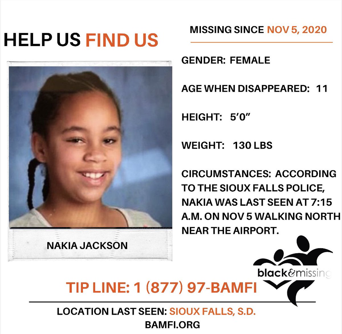 BAM_FI's tweet photo. Sioux Falls, SD: 11y/o Nakia Jackson last seen Nov 5. 

#HelpUsFindNakia #FindingFriday https://t.co/CtV382noQy