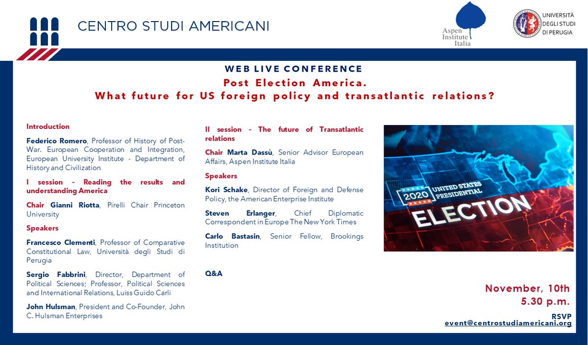 centrostudiusa's tweet photo. 🗓️Appuntamento il 10 novembre alle 17:30 con la web live conference "Post #Election #America🇺🇸. What future for US foreign policy🌎 and transatlantic relations🌐?" organizzata in collaborazione con @AspenInstitute Italia e @UniperugiaNews. 
RSVP 📩 event@centrostudiamericani.org https://t.co/W3fm66HWjt