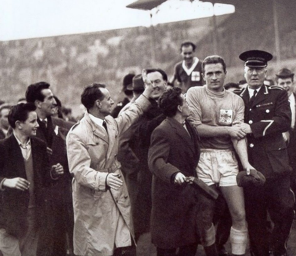63 years ago today (6th November 1957) Northern Ireland beat England 3-2 at Wembley.One of the NI goals was scored by Sammy McCrory in his only international appearance.His shirt & cap are displayed.He is photo'd getting carried off the pitch on the shoulders of supporters