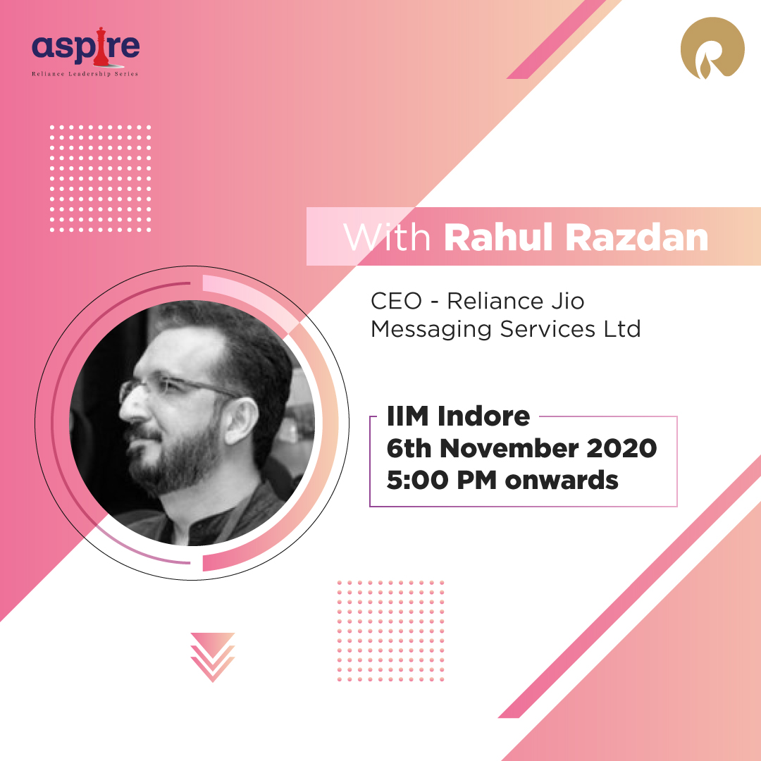 RILCampus's tweet photo. Aspire series is here with The CEO of Jio messaging Mr. Rahul Razdan. Students of IIM Indore are all set for a wonderful interaction! This will be an amazing learning opportunity.
#RIL2020 #RILCampus #Aspire2020 #Inspiration https://t.co/yAHtNuYdbX