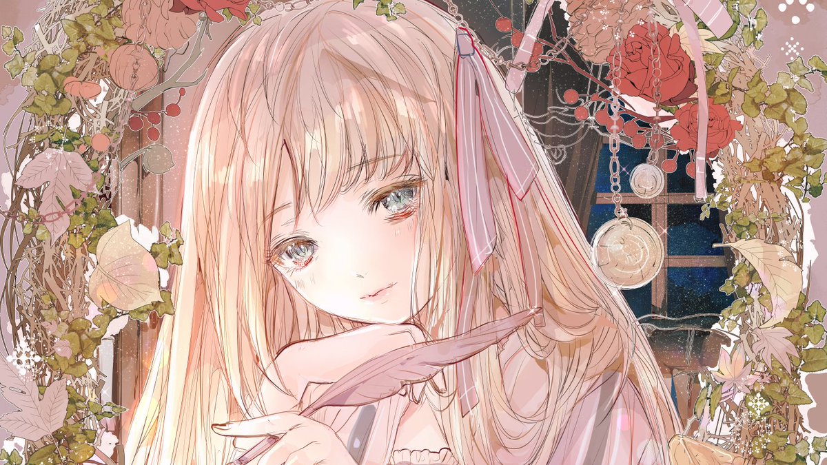 秋の夜 水彩画 ペン画 季節の少女たちがテーマの水彩シリーズイラストです こもりひっき 幻想少女絵のイラスト