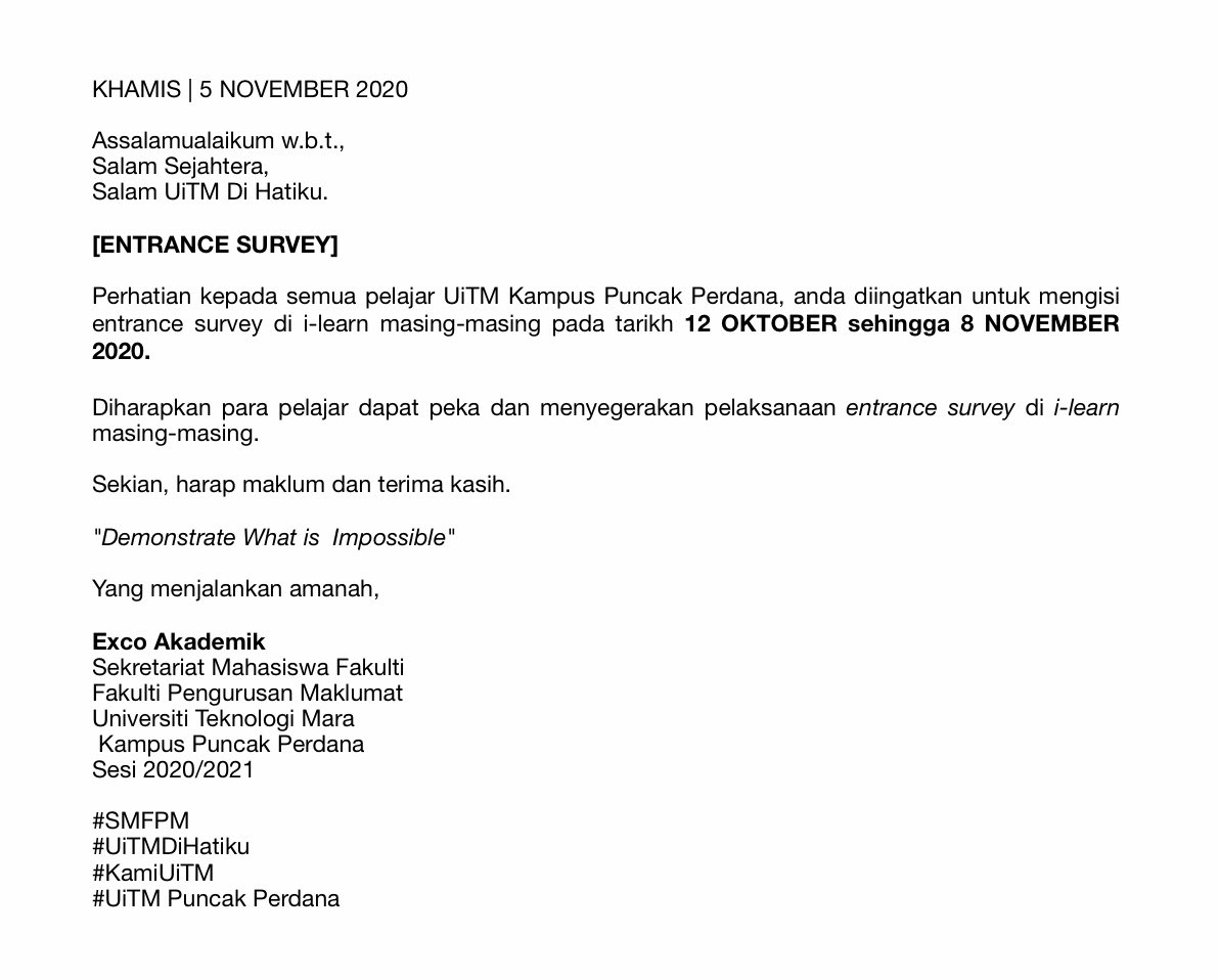 smfim_official's tweet photo. ENTRANCE SURVEY
Dimaklumkan kepada pelajar Fakulti Pengurusan Maklumat (FPM) untuk mengisi entrance survey di i-learn
Dibuka dari 12 Oktober sehingga 8 November 2020
#SMFPM
#UiTMDiHatiku
#KamiUiTM
#UiTMPuncakPerdana https://t.co/Y3dUv9f65g