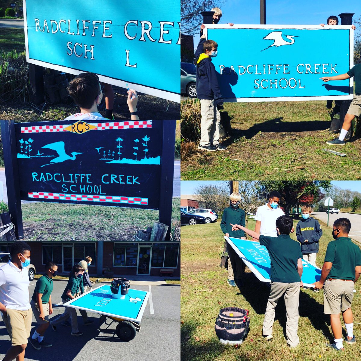 RadcliffeCreek's tweet photo. The Enrichment Class installed our new student created 2 sided sign on Thursday!  There is still lots of tweaking to do, but we are happy with the results so far! #radcliffeway #radcliffecreekschool #handsonlearning https://t.co/uKnYHvjVZ9