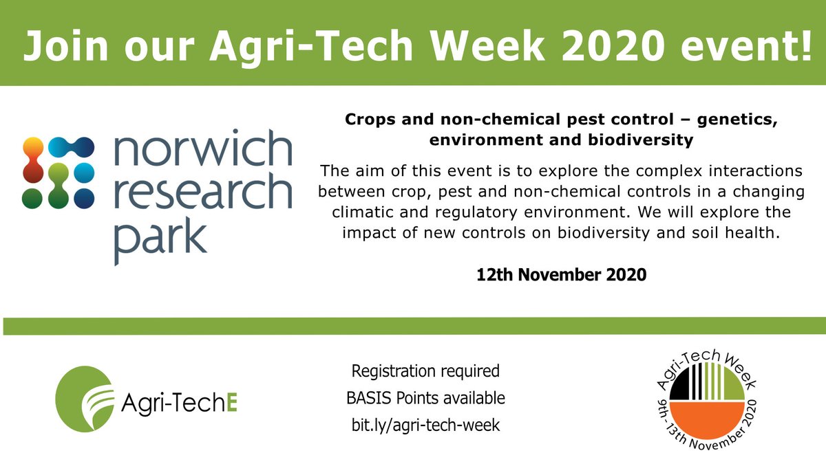 NorwichResearch's tweet photo. π½Next thursday scientists from the Park will be discussing methods of crop and pest controls and their impacts on #biodiversity and #soilhealth for @Agri_Tech_E week. #ATW20 #farming #agriculture
Get 2 Basis Points for this event @BASISRegLtd
Register: https://t.co/WlTMQ1gBzj https://t.co/FvMgTqt7pA