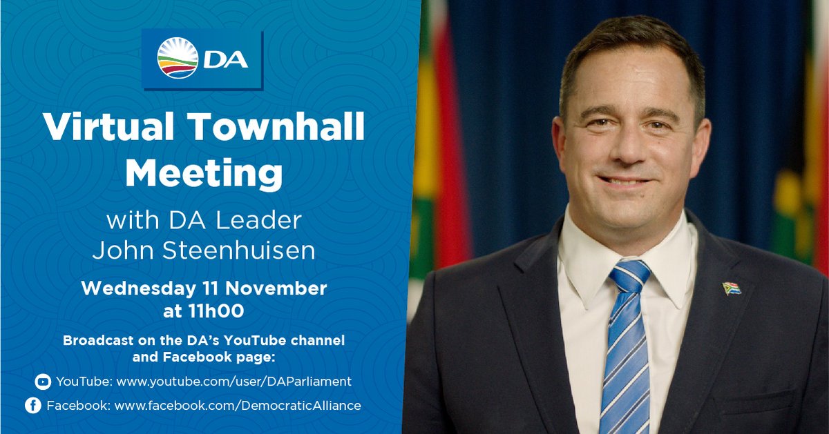 Our_DA's tweet photo. 📣| Our new DA Leader wants to hear from you!
Get to know @jsteenhuisen and ask all your burning questions during his #MeetJohn virtual townhall meeting.
This will be live on our Facebook page and YouTube channel.
See all the details here and share. 🔽 https://t.co/0eiWESsSx6