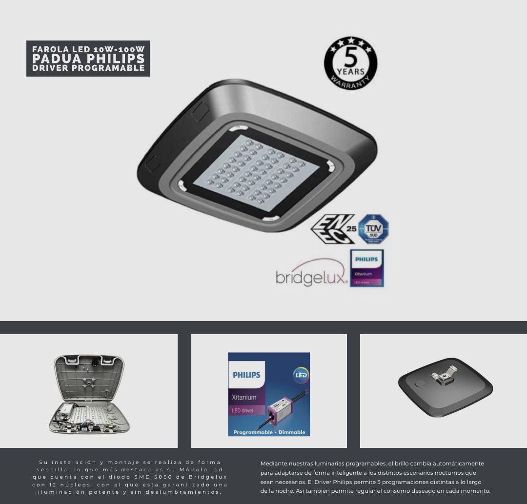 factorledspain's tweet photo. La farola LED PADUA CON DRIVER PHILIPS  PROGRAMABLE 100W es la nueva gama de alto diseño en fundición de aluminio. 

Para más información visita nuestra página web 👇🏻

https://t.co/i0CIgWwiaA 

#factorled  #factorledespaña #led #farolaled #iluminacionled #farola100w #calidadled https://t.co/ZEMFJMs7Ya