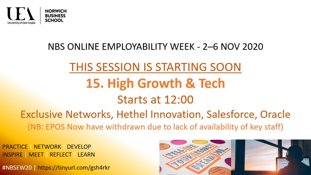 NorwichBSchool's tweet photo. It is almost time for our final session of @NorwichBSchool Employability Week 2020! It's been a brilliant week and this session on High Growth and Tech Companies will be no different. Join us via your Blackboard link. #NBSEW20 https://t.co/NIOhXURaMP