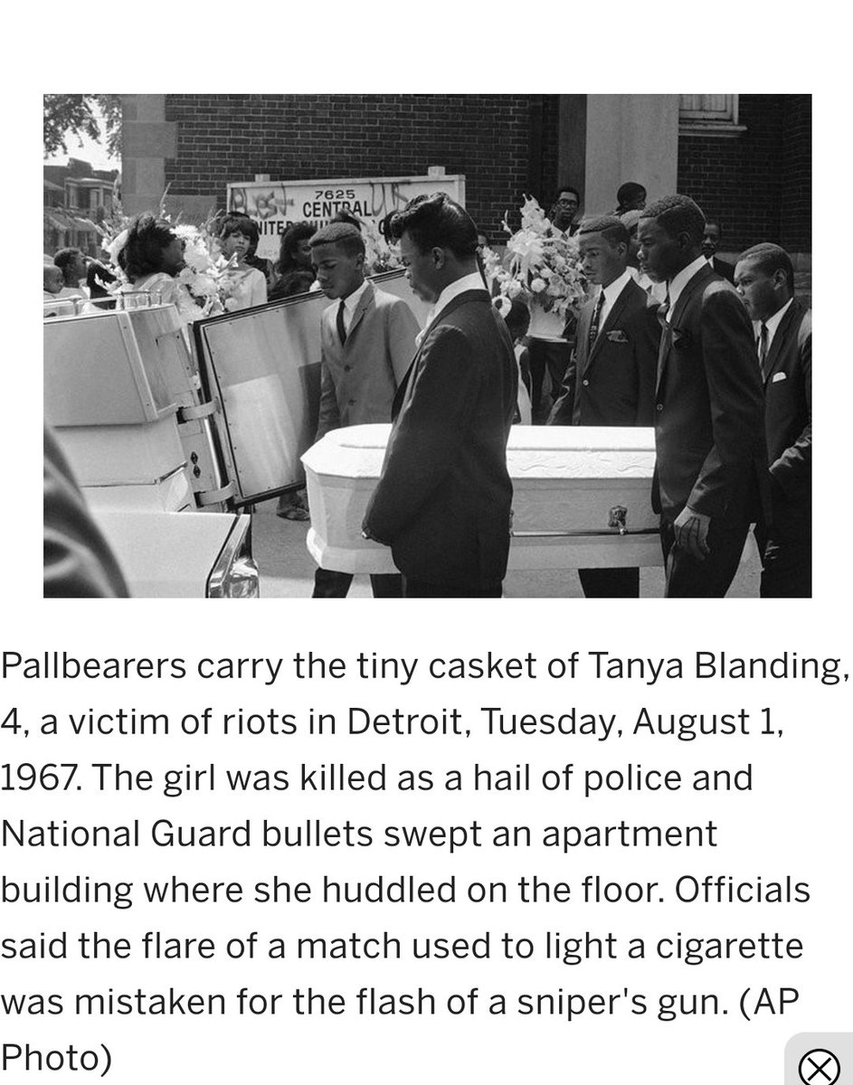 5/ 1967: For near identical reasons of systemic racism & police brutality, black protesters took to the streets of Detroit. The predominantly white national guard sent to quell the violence resulted in a guardman killing 4 yr old Tanya Balding (pic  @MLive)