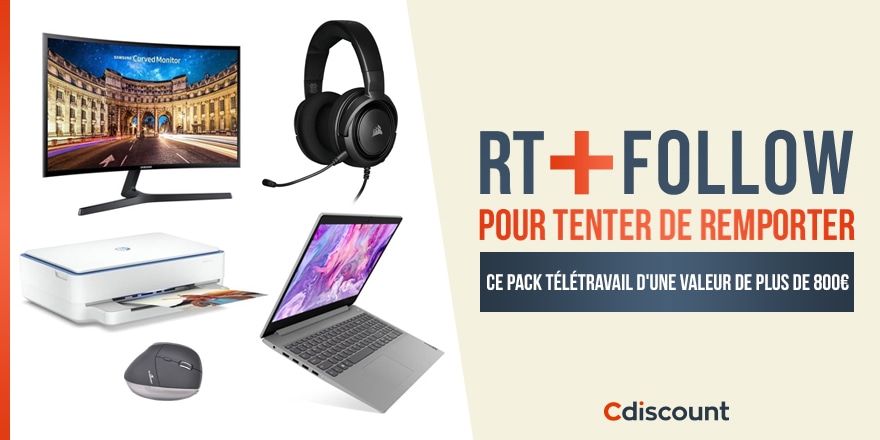 🎁 #Concours On vous offre ce pack Télétravail d'une valeur de plus de 800€ : PC portable Lenovo, écran incurvé Samsung, imprimante HP, casque Corsair et une souris ergonomique Bluestork ! Pour tenter ta chance : 🔸 RT ce tweet 🔹 Follow @Cdiscount ⏰ TAS 11/11