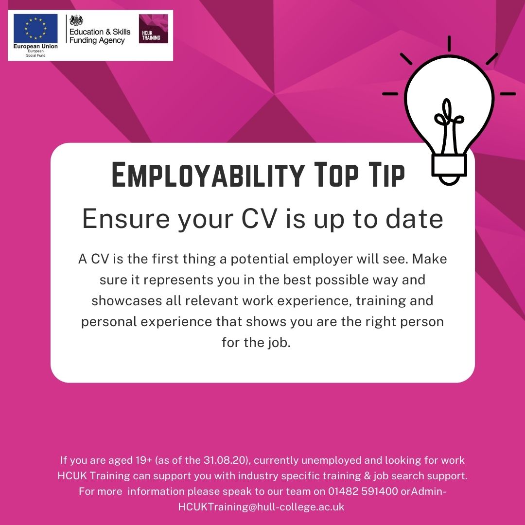 local_training's tweet photo. Employability Top Tip! If you're currently out of work and would like to find out how HCUK Training can support you please get in touch with our team today! #HCUKTraining #HCUK #Humberbusiness #HumberRecruitment #EmployabilityTopTip #HCUKTopTips https://t.co/Kq6r6o1Wy8