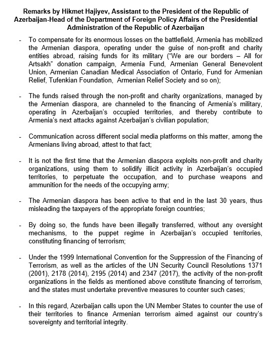 HikmetHajiyev's tweet photo. Azerbaijan calls upon the UN Member States to counter the use of their territories to finance Armenian terrorism aimed against our country’s sovereignty and territorial integrity. #financingterrosim @coe @UN @OSCE https://t.co/I4MRJKWRjw