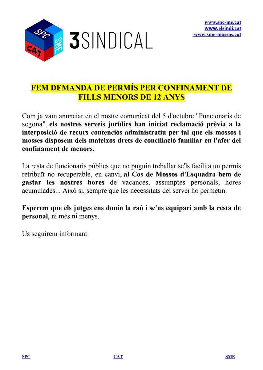 3SINDICAL's tweet photo. Presentem demanda per reclamar el Permís Retrubuït no recuperable (com se'ls facilita a la resta de funcionariat) per els confinaments de fills menors de 12 anys. @SPC_Mossos_PL @smemossos @INFOCATME https://t.co/JJXekqGiai