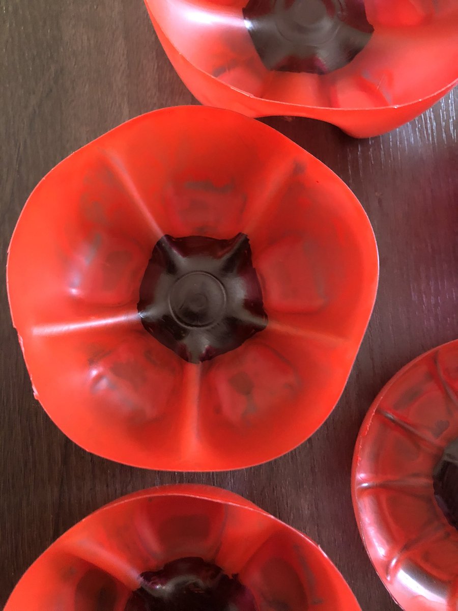 My son and I cut the bottoms off of plastic bottles to create #DIY poppies! We then glued them onto a scrap piece of wood (from an old desk) and created a poppy display for our door step. #lestweforget #RemembranceSunday #PoppyAppeal