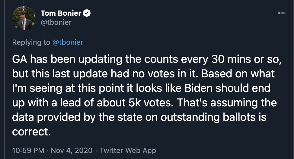 We'll see where this ends up, on Wednesday I predicted Biden would end up with a lead of about 5k votes, that seems in play but may be closer to the 3,500-4,000 range.
