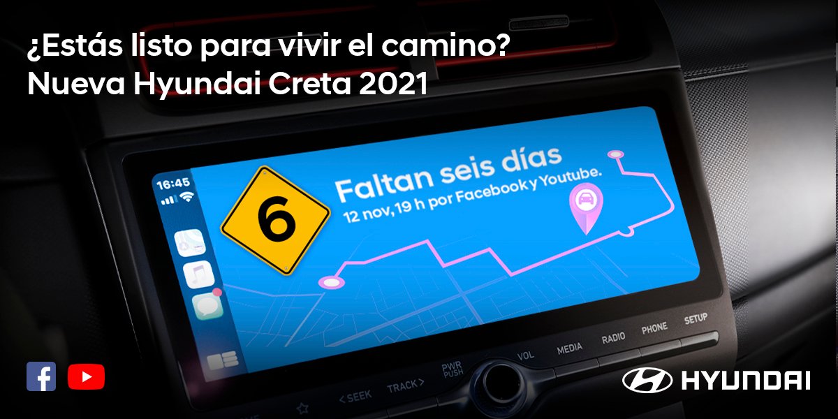 HyundaiMotorMex's tweet photo. Faltan 6 días para vivir el camino. Conéctate este 12 de noviembre a los canales oficiales de Hyundai en Facebook o YouTube a partir de las 7 de la noche. #ViveElCamino con la nueva #HyundaiCRETA2021.
Agenda la fecha aquí: https://t.co/9kDYrUQuAI. https://t.co/NNKRARpHNf
