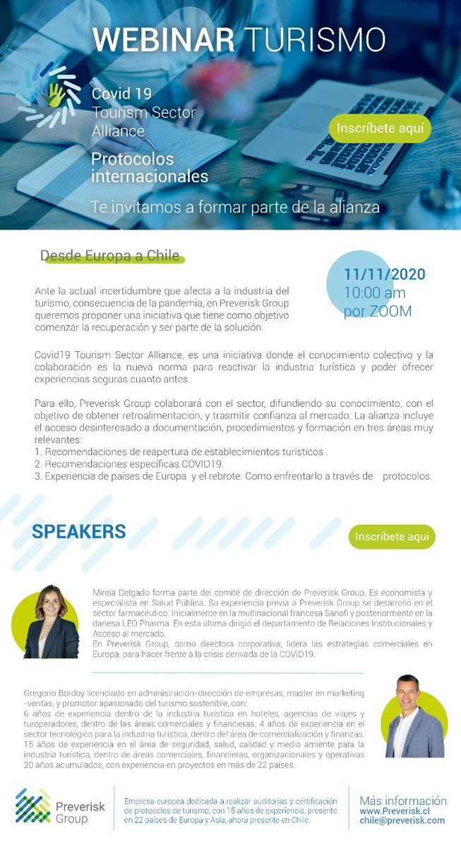 Webinar de turismo. Experiencia en Europa rebrote, protocolos internacionales y Tourism Sector Alliance con oradores internacionales y PREVERISK certificadora de protocolos Covid internacional que ahora está en Chile. Inscríbete aquí: us02web.zoom.us/webinar/regist… <a href="/FEDETUR_Chile/">Federación de Empresas de Turismo de Chile</a>