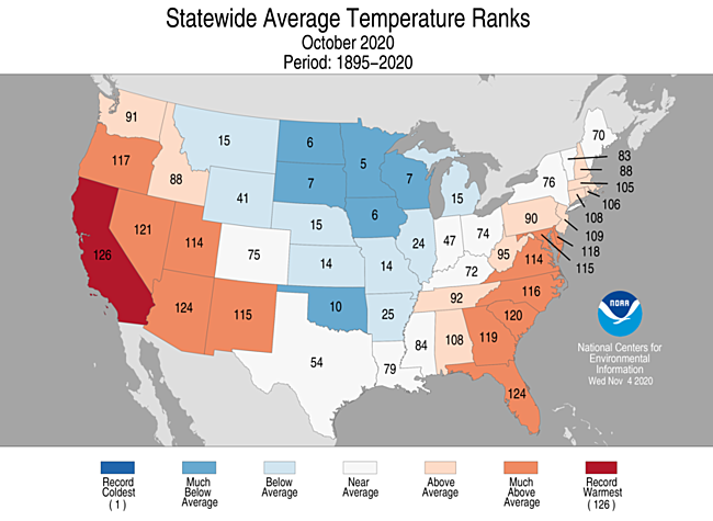 NOAANCEI's tweet photo. October 2020 was record warm in California and the third warmest in Arizona and Florida. Six states ranked this October among their 10 coldest Octobers on record: https://t.co/eksaf8gfZ2 #StateOfClimate https://t.co/ZbWKNhddNO