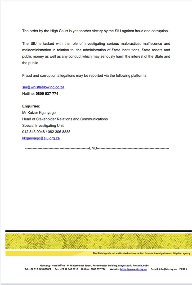 RSASIU's tweet photo. The @RSASIU granted a Court Order to set aside lease agreement between Dept of Public Works &amp; Easy Does It (PTY) LTD.
#RSASIU
#SIUProgress
#CobrasStrikingAgainstCorruption
#FightingCorruptionIsOurBusiness https://t.co/t6gXjFfUC0