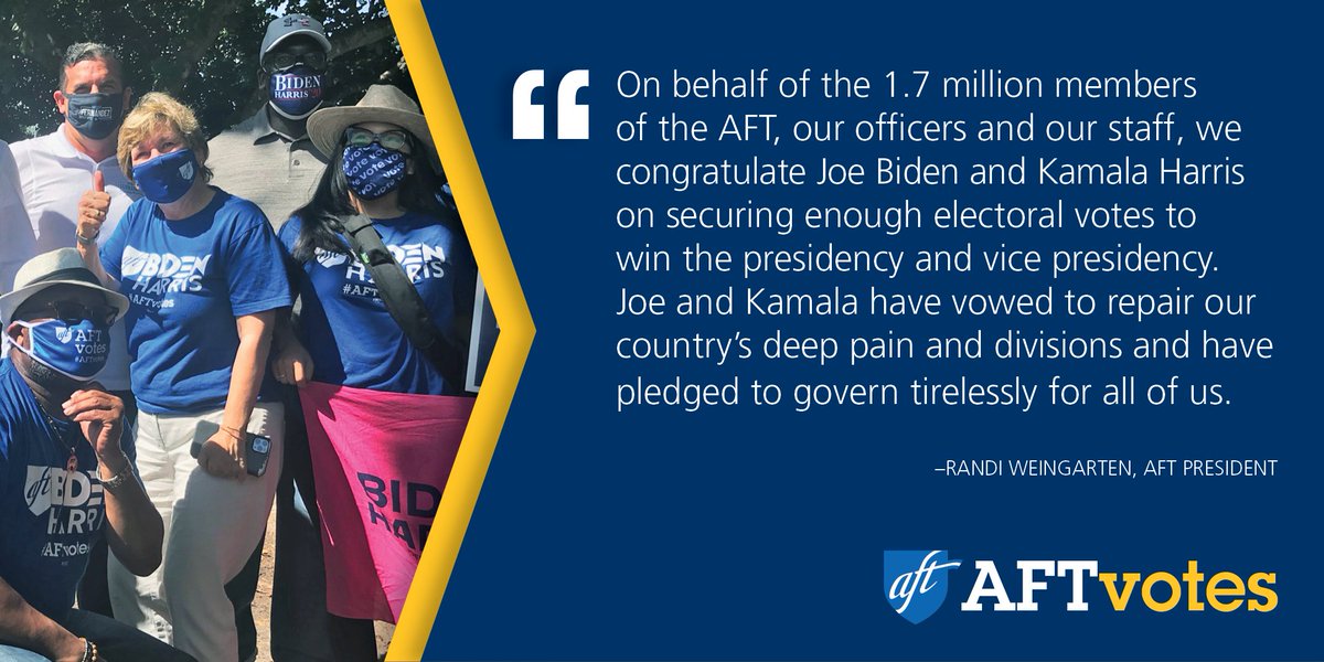 rweingarten's tweet photo. Congratulations to President-elect @JoeBiden and VP-elect @KamalaHarris. The voters have spoken. They chose a hope over fear, compassion over hate &amp;  cooperation over division. It's time to get to work to heal America and @AFTunion members are with you! #AFTvotes #VotersDecided https://t.co/gcuXkDOd5Z